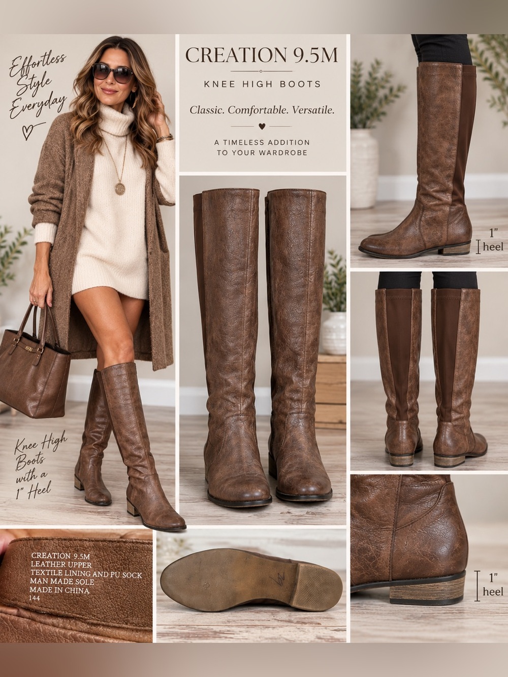 Creation 9.5M Brown Leather Knee High Boots 1” Low Heel